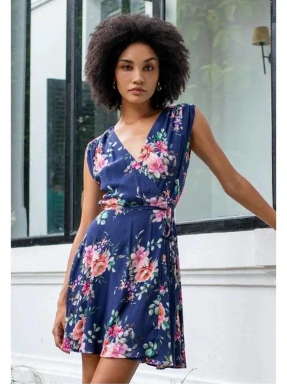 YUMI KIM revolve Floral Wrap V-Neck Navy Dress size large